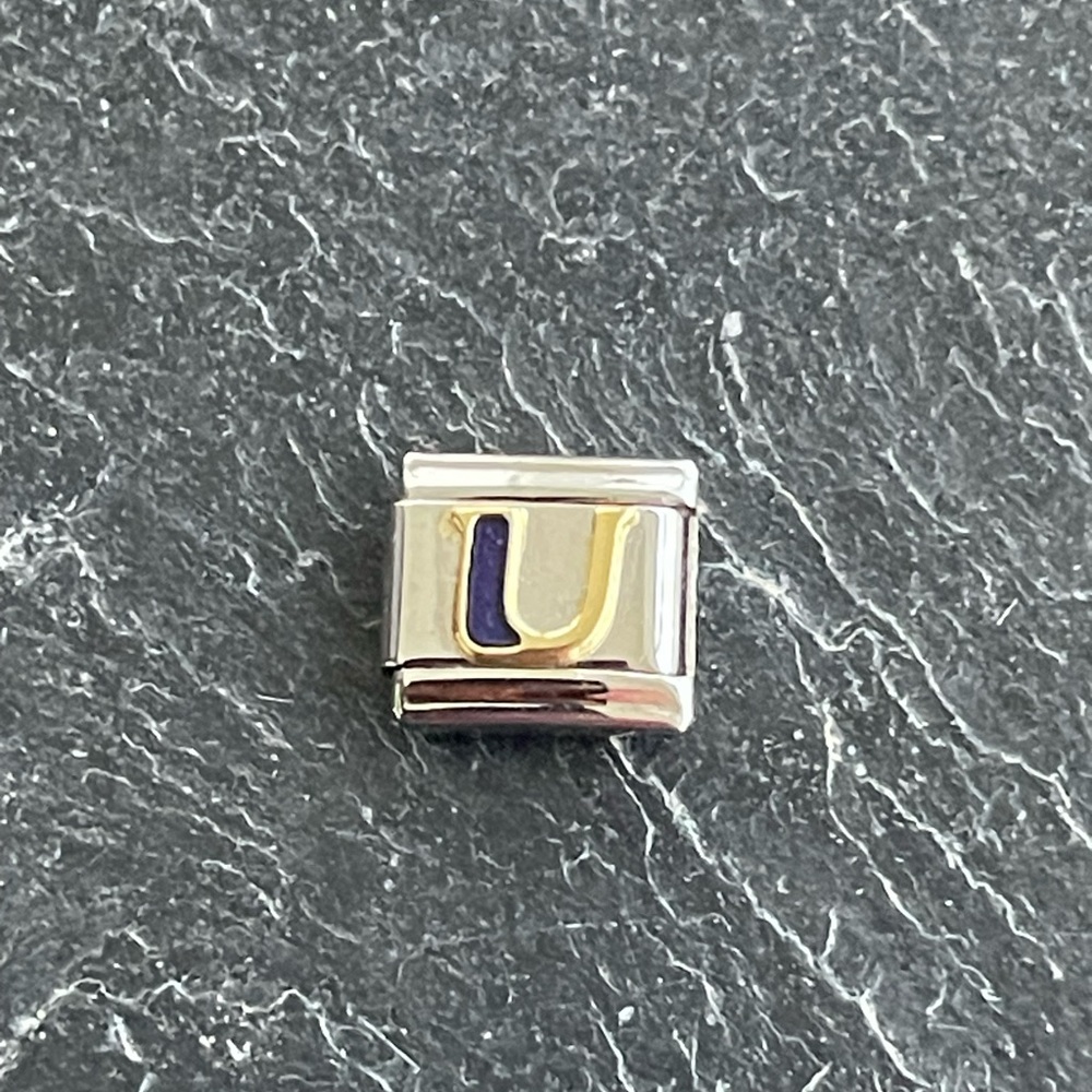 Zoppini Stainless Steel and Gold Blue Enameled Initial U Bracelet Charm link